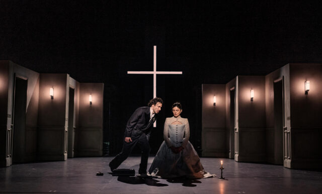 Aidan Turner and Monica Barbaro in a scene from Les Liaisons Dangereuses.