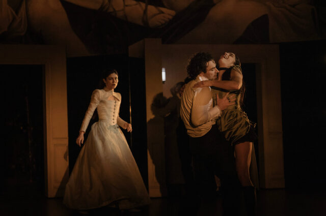 Aidan Turner and Monica Barbaro in a scene from Les Liaisons Dangereuses.