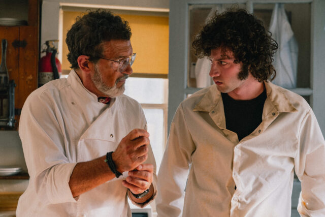 Antonio Banderas and Dominic Sessa in a scene from Tony.
